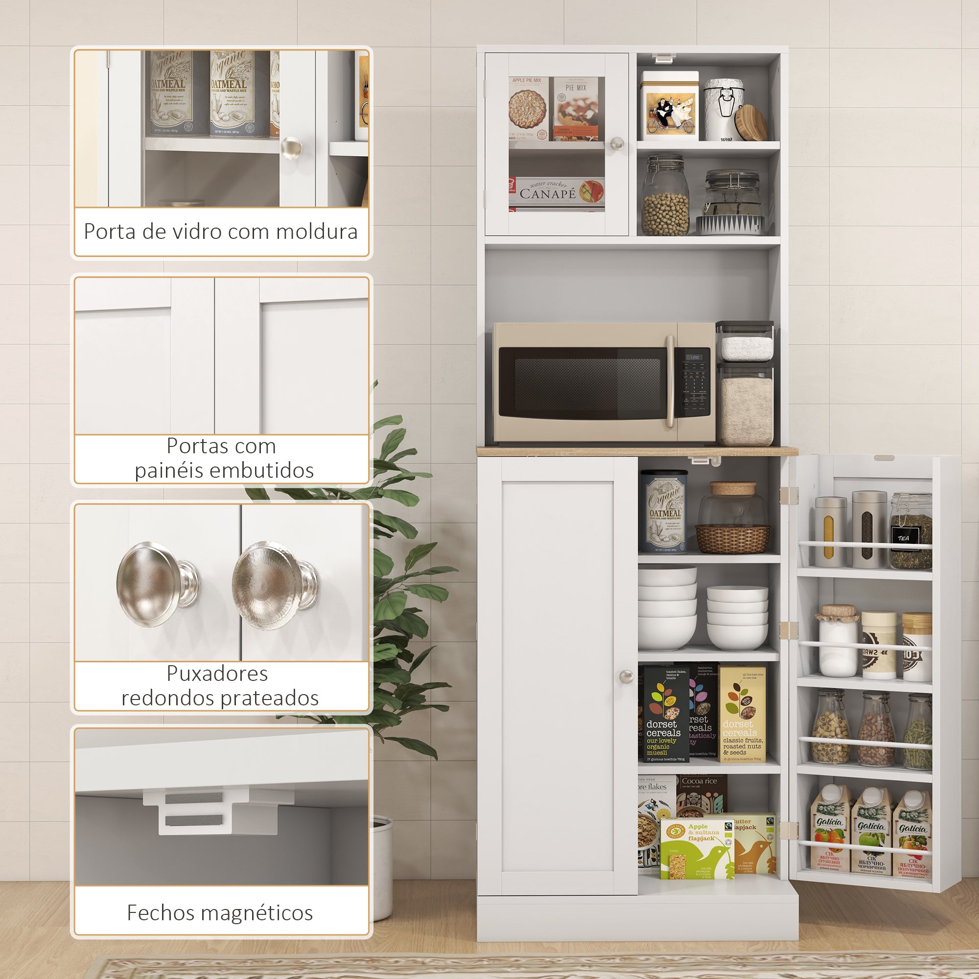 Armário de Cozinha 60x35x169 cm Branco - Móvel Auxiliar com Prateleiras Ajustáveis